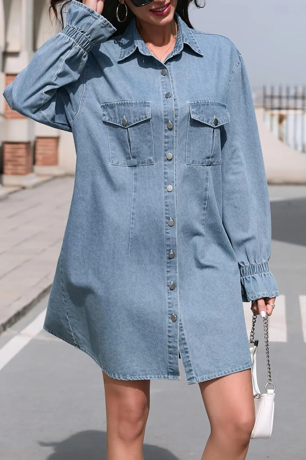 Women's Denim Shirt Dress Long Sleeve Button Down Casual Jean Dress with Elastic Cuffs
