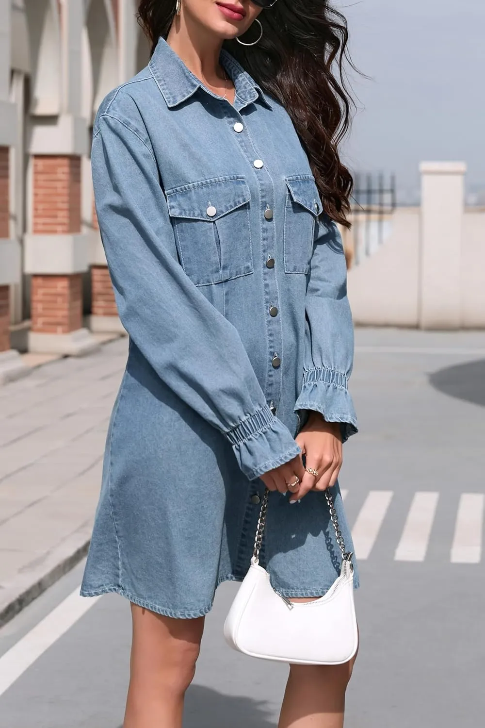 Women's Denim Shirt Dress Long Sleeve Button Down Casual Jean Dress with Elastic Cuffs