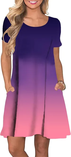 YMING Womens Plus Size Gradient Short Sleeve Dress Loose Fit Swing Sundress Summer Mini Shirt Dresses with Pockets