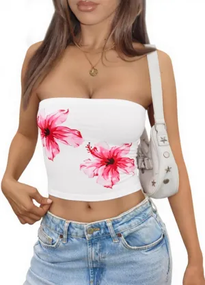 Yousify Womens Summer Floral Tube Tops Strapless Casual Slim Fit Sleeveless Going Out Party Y2k Bandeau Crop Top