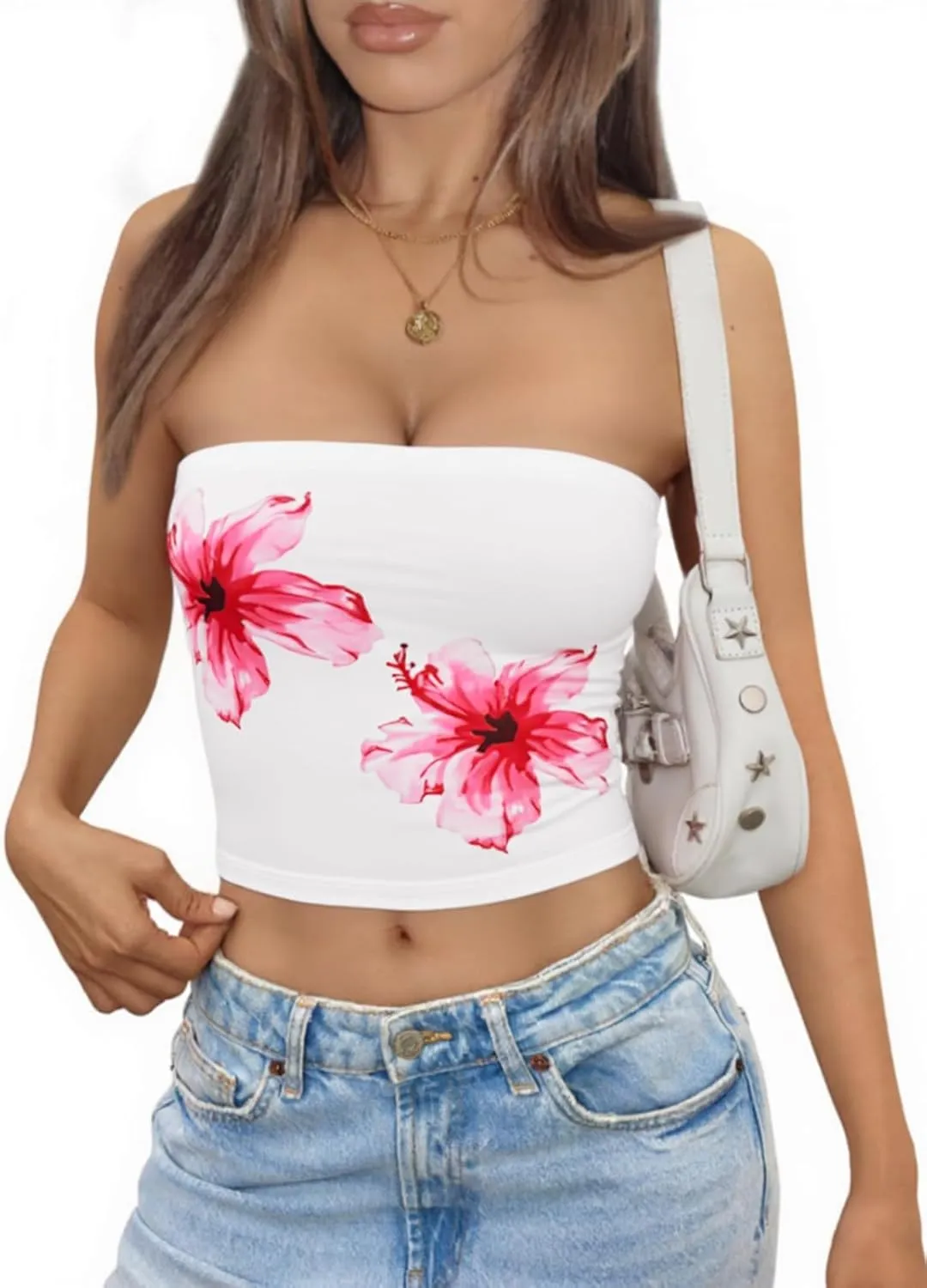 Yousify Womens Summer Floral Tube Tops Strapless Casual Slim Fit Sleeveless Going Out Party Y2k Bandeau Crop Top