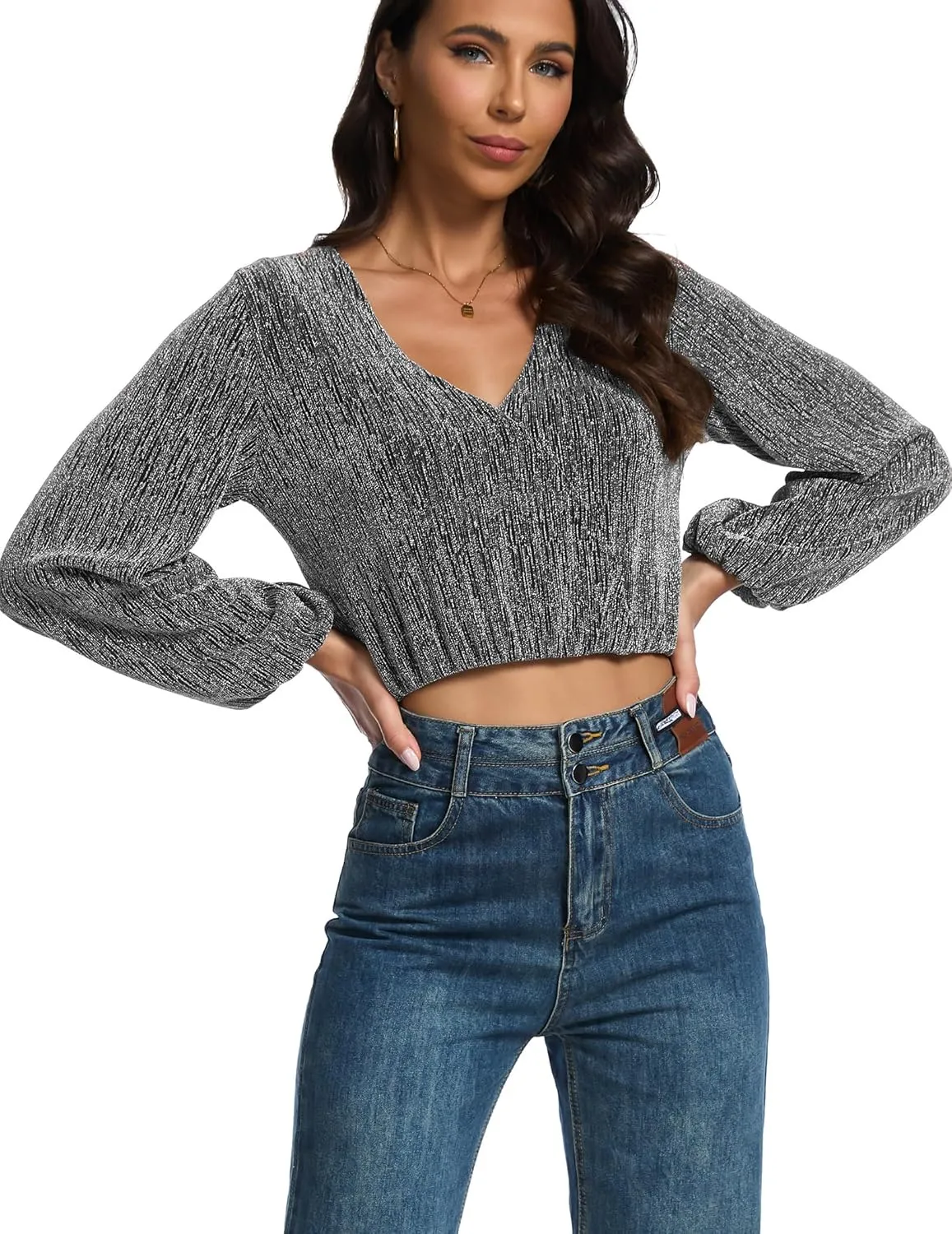 YYA Women's Casual V Neck Blouse Long Lantern Sleeve Spark Shining Blouses Top Shirts S-XXL