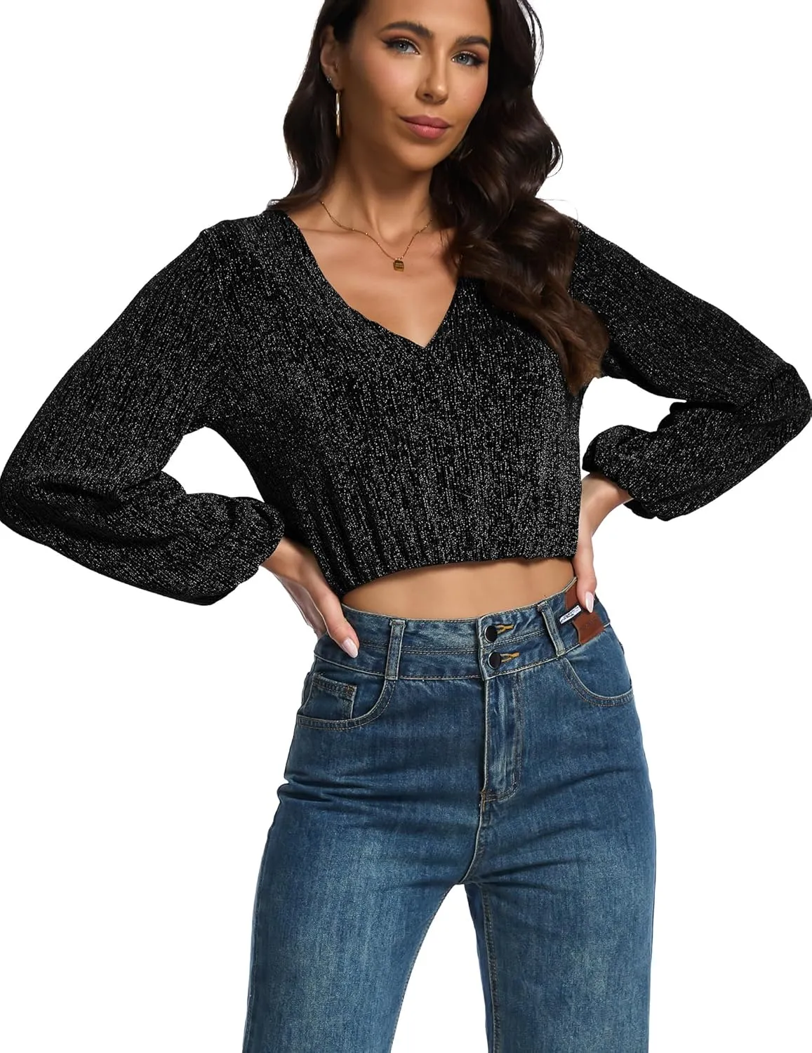 YYA Women's Casual V Neck Blouse Long Lantern Sleeve Spark Shining Blouses Top Shirts S-XXL