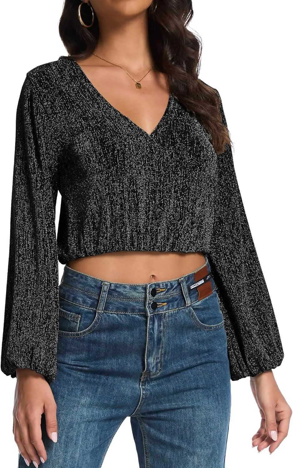 YYA Women's Casual V Neck Blouse Long Lantern Sleeve Spark Shining Blouses Top Shirts S-XXL