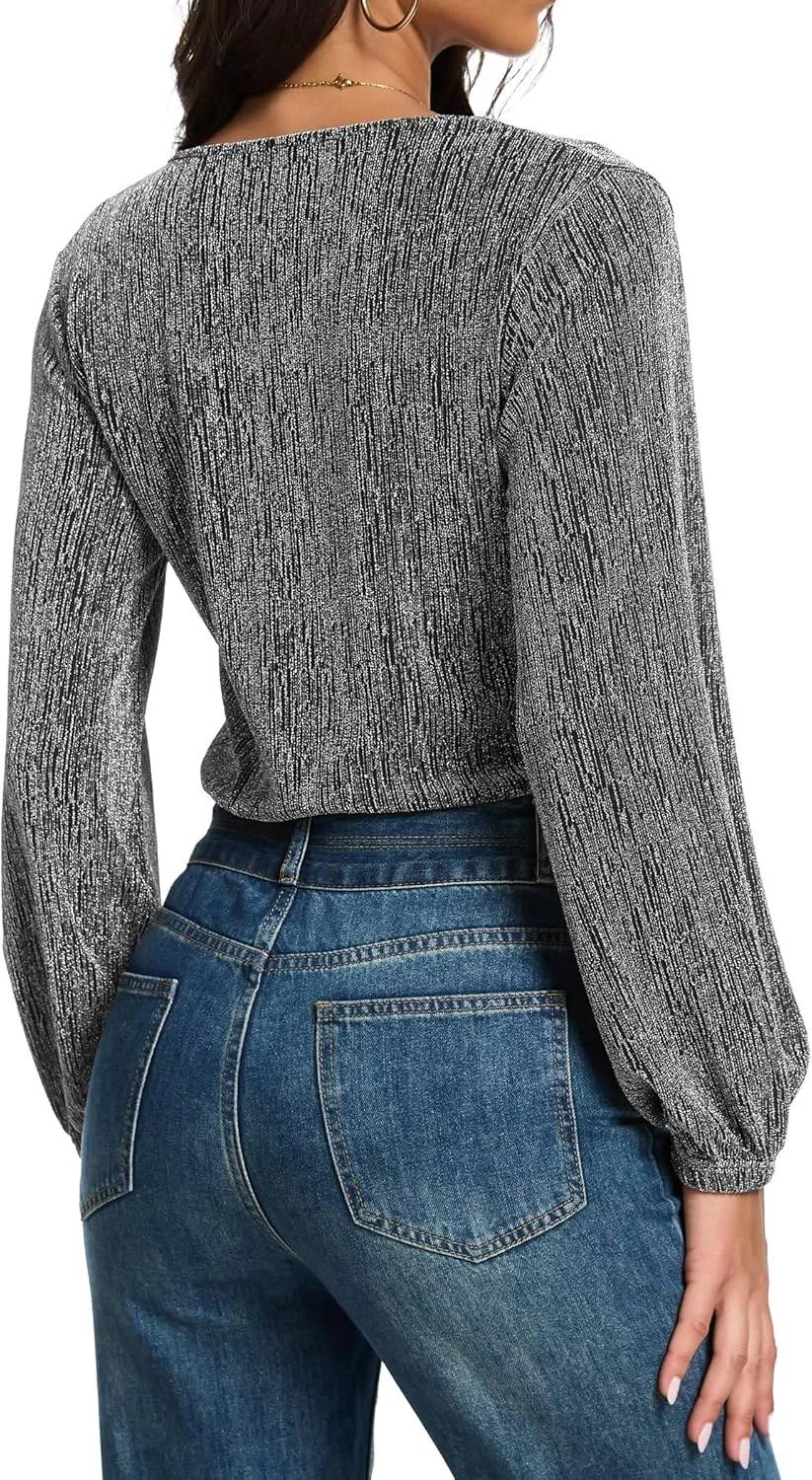 YYA Women's Casual V Neck Blouse Long Lantern Sleeve Spark Shining Blouses Top Shirts S-XXL