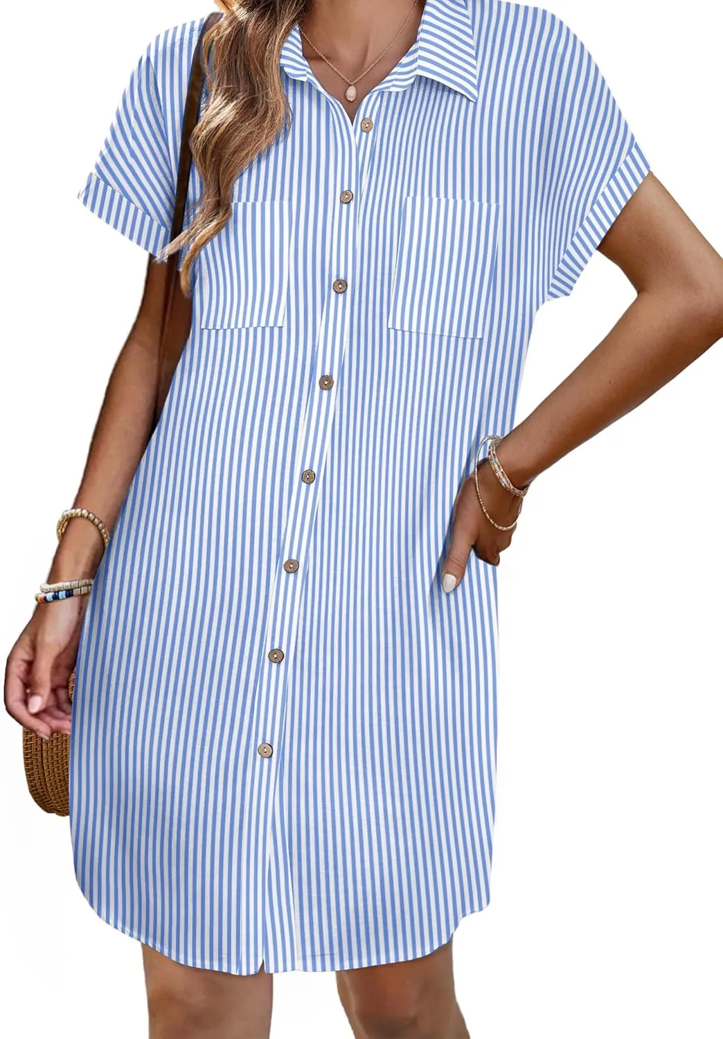 Zeagoo Women's Summer Dress 2025 Cotton Button Down Short Sleeve Tshirt Dresses Casual Flowy V Neck Loose Mini Beach Dress