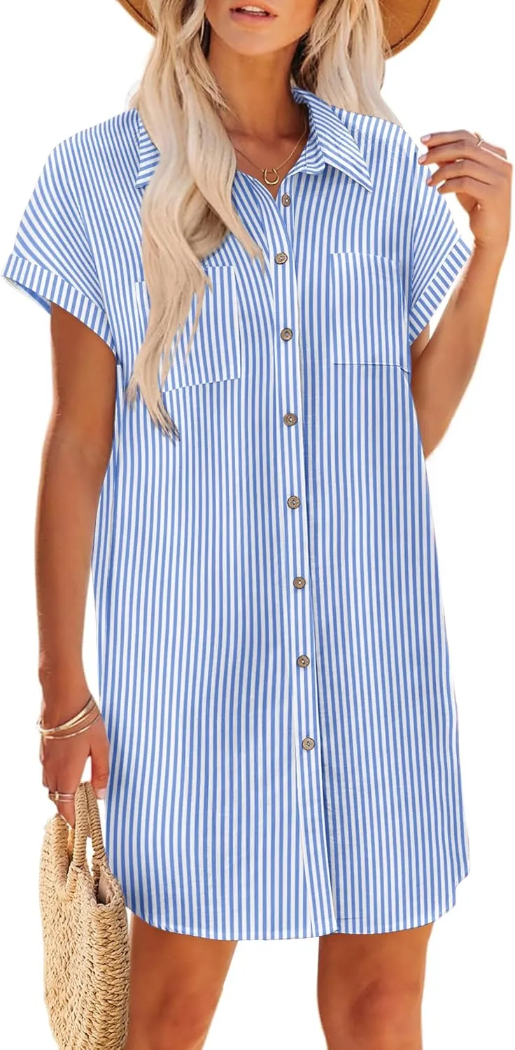 Zeagoo Women's Summer Dress 2025 Cotton Button Down Short Sleeve Tshirt Dresses Casual Flowy V Neck Loose Mini Beach Dress