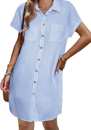 Zeagoo Women's Summer Dress 2025 Cotton Button Down Short Sleeve Tshirt Dresses Casual Flowy V Neck Loose Mini Beach Dress