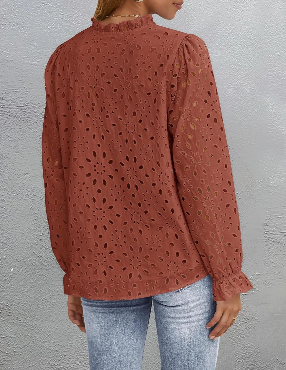 ZESICA Women's Casual Blouse Tops Puff Long Sleeve Button V Neck Hollow Out Eyelet Lace Embroidered Shirt Dressy