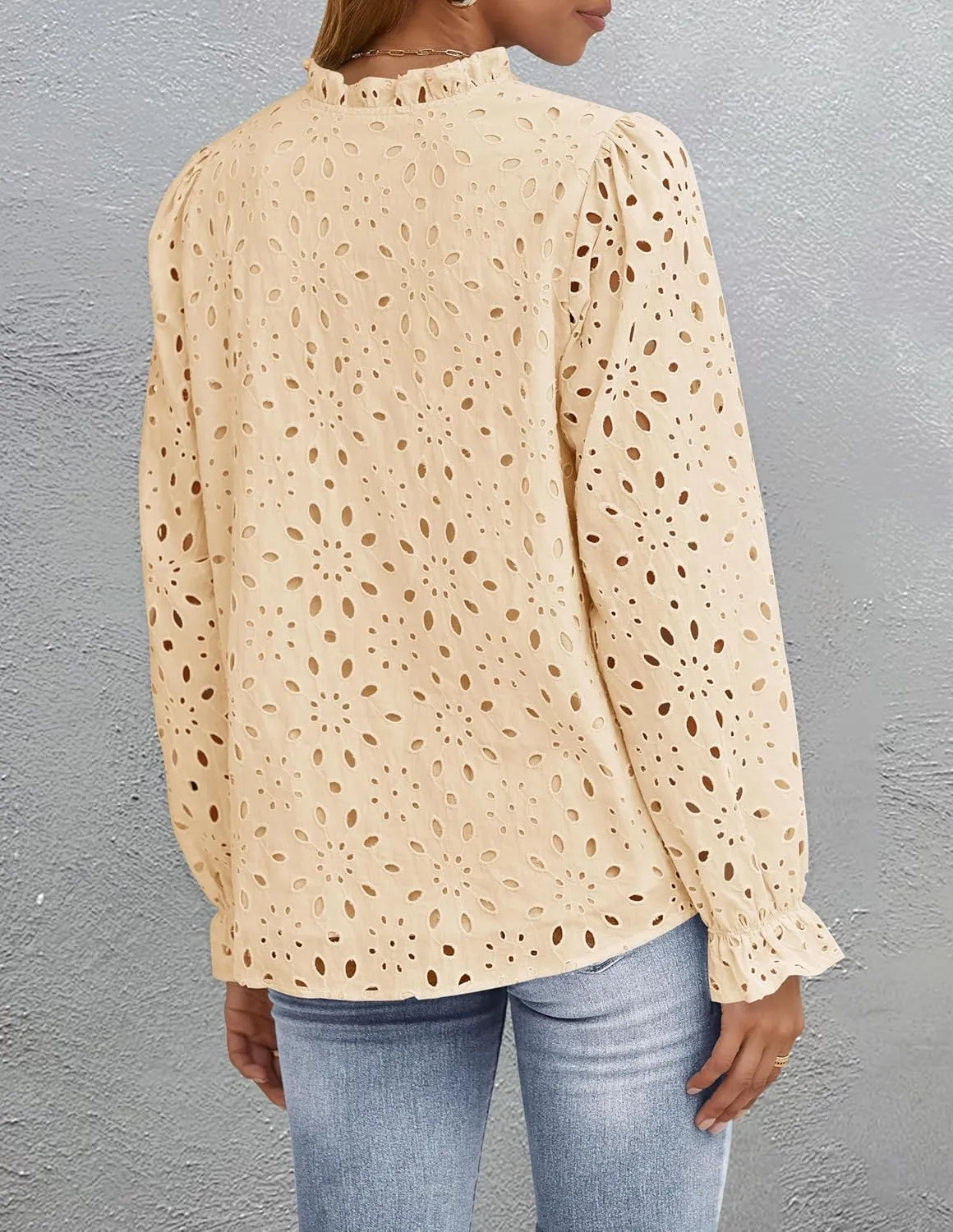 ZESICA Women's Casual Blouse Tops Puff Long Sleeve Button V Neck Hollow Out Eyelet Lace Embroidered Shirt Dressy