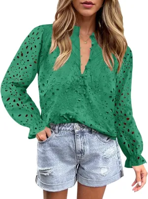 ZESICA Women's Casual Blouse Tops Puff Long Sleeve Button V Neck Hollow Out Eyelet Lace Embroidered Shirt Dressy