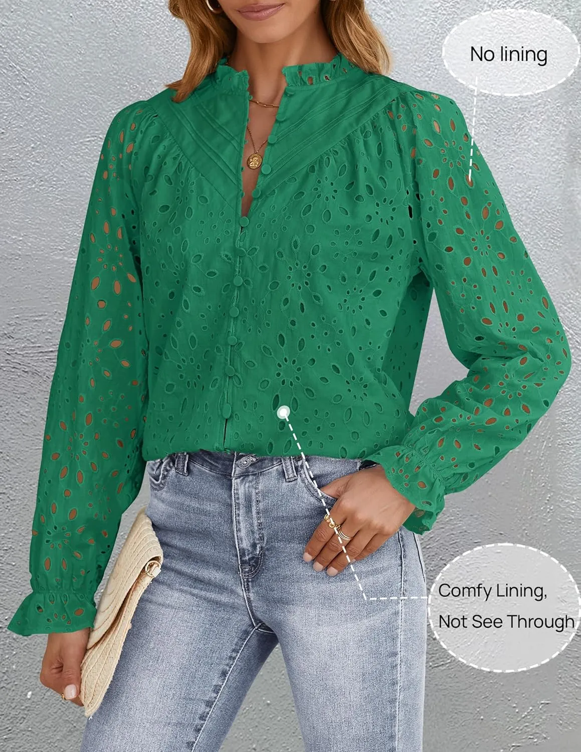 ZESICA Women's Casual Blouse Tops Puff Long Sleeve Button V Neck Hollow Out Eyelet Lace Embroidered Shirt Dressy