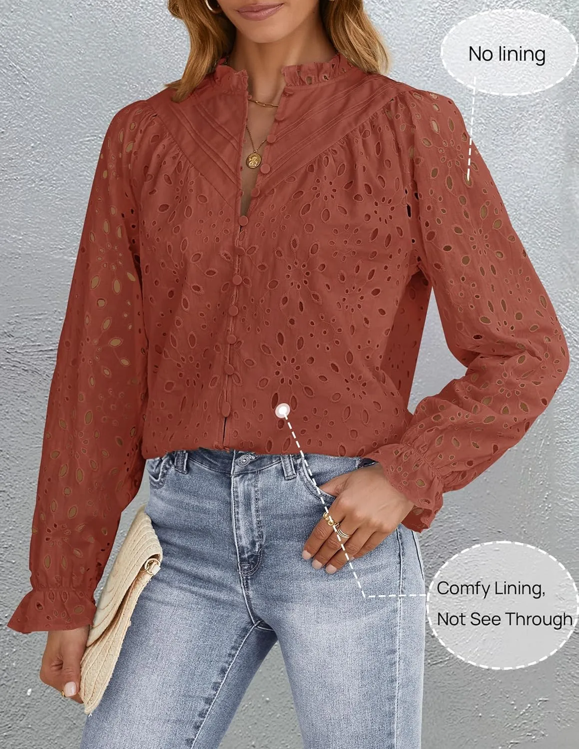 ZESICA Women's Casual Blouse Tops Puff Long Sleeve Button V Neck Hollow Out Eyelet Lace Embroidered Shirt Dressy