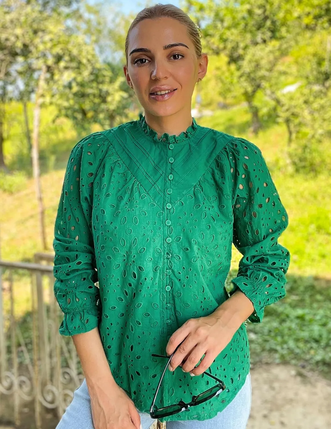 ZESICA Women's Casual Blouse Tops Puff Long Sleeve Button V Neck Hollow Out Eyelet Lace Embroidered Shirt Dressy