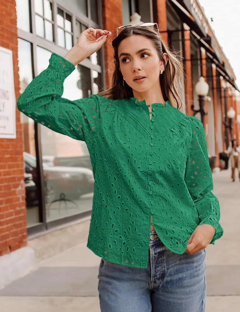 ZESICA Women's Casual Blouse Tops Puff Long Sleeve Button V Neck Hollow Out Eyelet Lace Embroidered Shirt Dressy