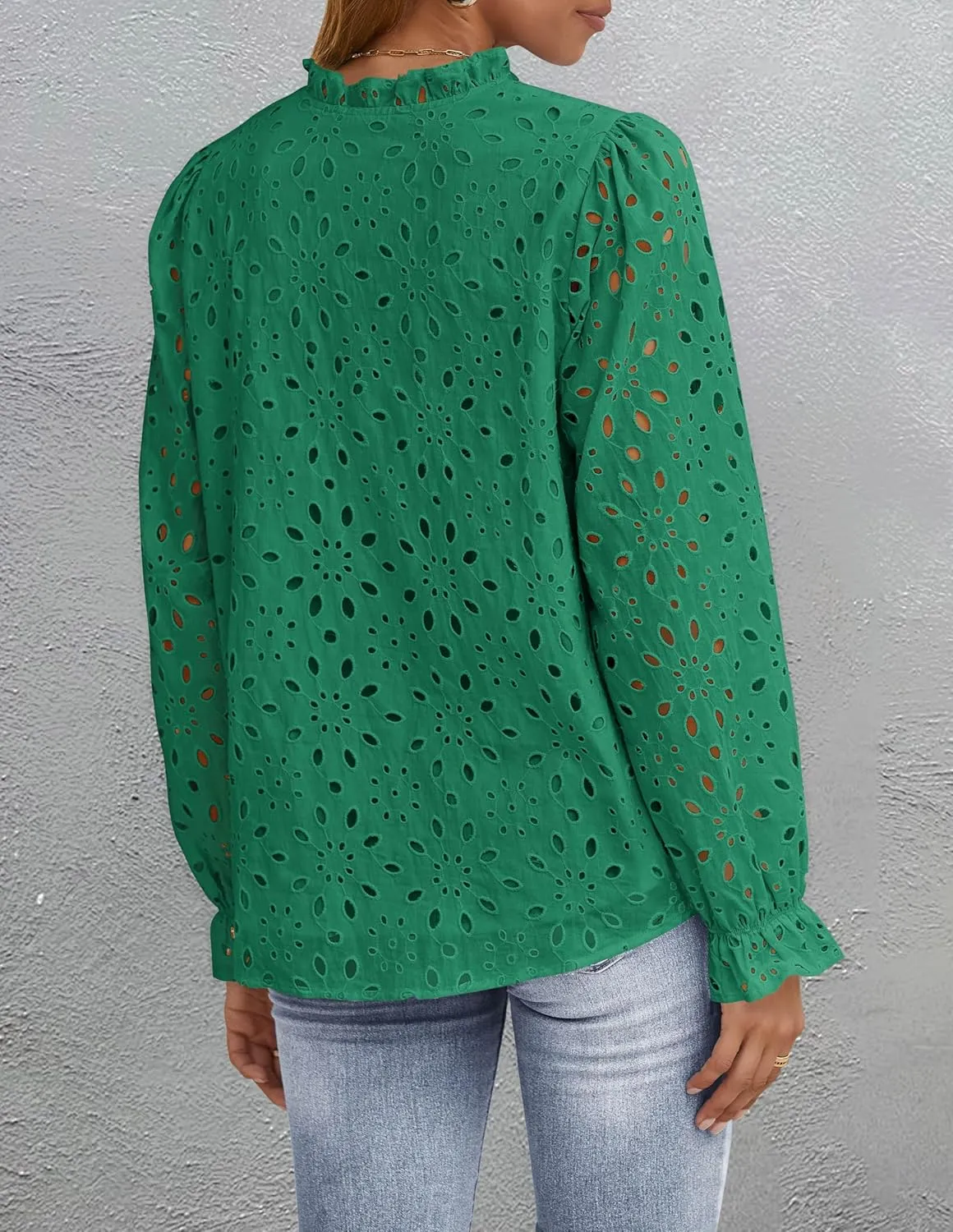 ZESICA Women's Casual Blouse Tops Puff Long Sleeve Button V Neck Hollow Out Eyelet Lace Embroidered Shirt Dressy