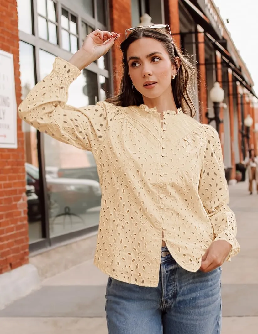 ZESICA Women's Casual Blouse Tops Puff Long Sleeve Button V Neck Hollow Out Eyelet Lace Embroidered Shirt Dressy