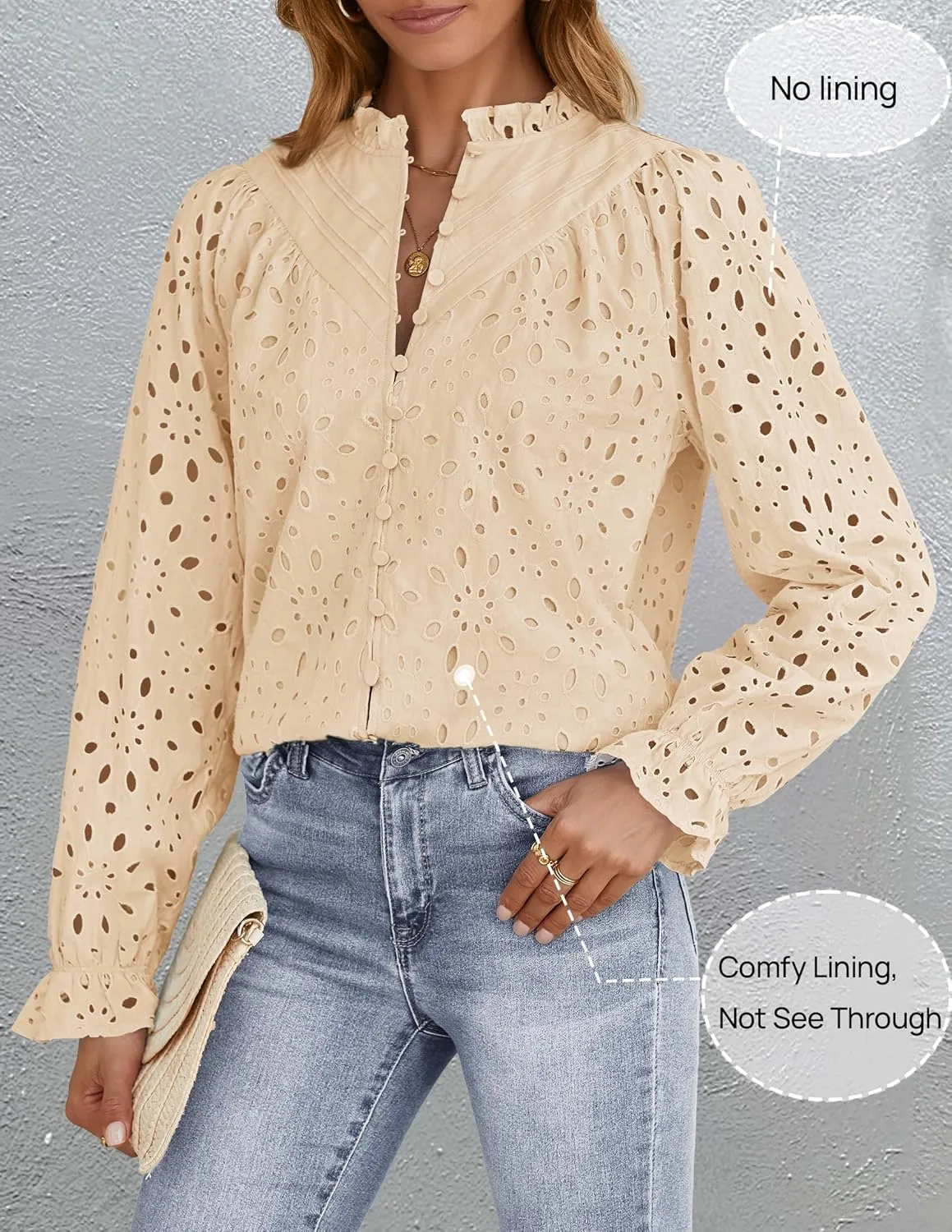 ZESICA Women's Casual Blouse Tops Puff Long Sleeve Button V Neck Hollow Out Eyelet Lace Embroidered Shirt Dressy