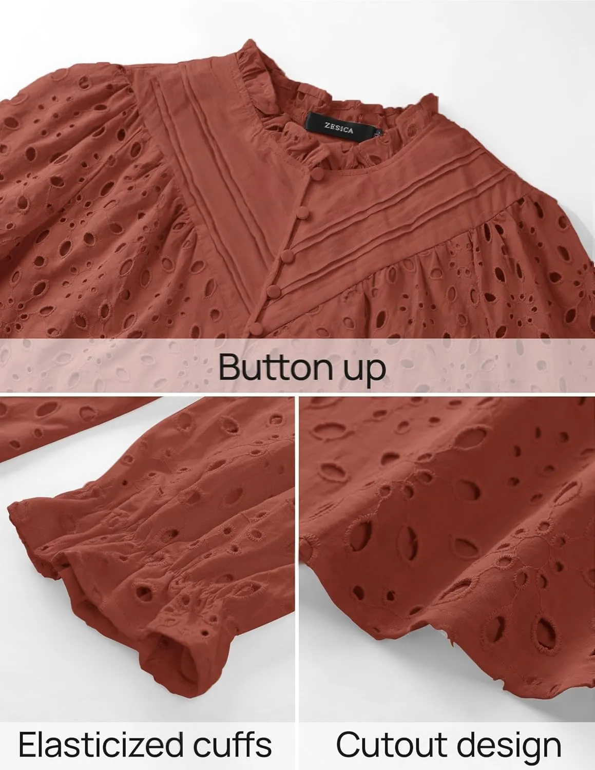 ZESICA Women's Casual Blouse Tops Puff Long Sleeve Button V Neck Hollow Out Eyelet Lace Embroidered Shirt Dressy