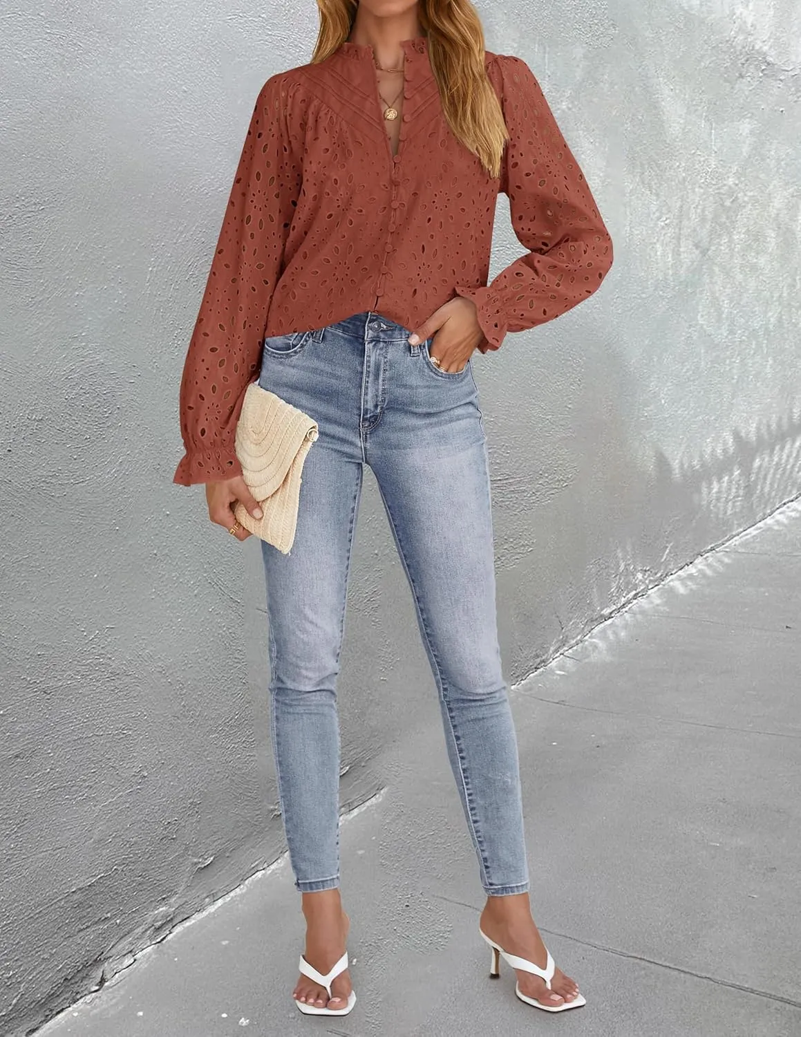 ZESICA Women's Casual Blouse Tops Puff Long Sleeve Button V Neck Hollow Out Eyelet Lace Embroidered Shirt Dressy