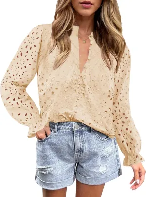 ZESICA Women's Casual Blouse Tops Puff Long Sleeve Button V Neck Hollow Out Eyelet Lace Embroidered Shirt Dressy