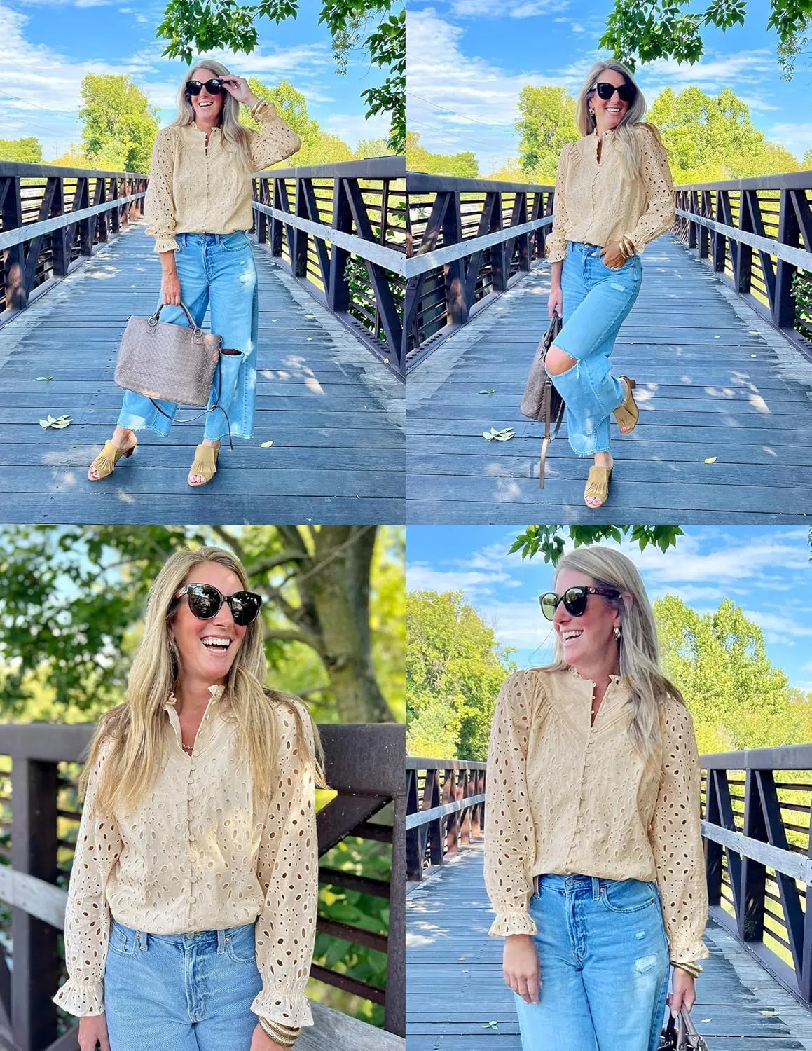 ZESICA Women's Casual Blouse Tops Puff Long Sleeve Button V Neck Hollow Out Eyelet Lace Embroidered Shirt Dressy
